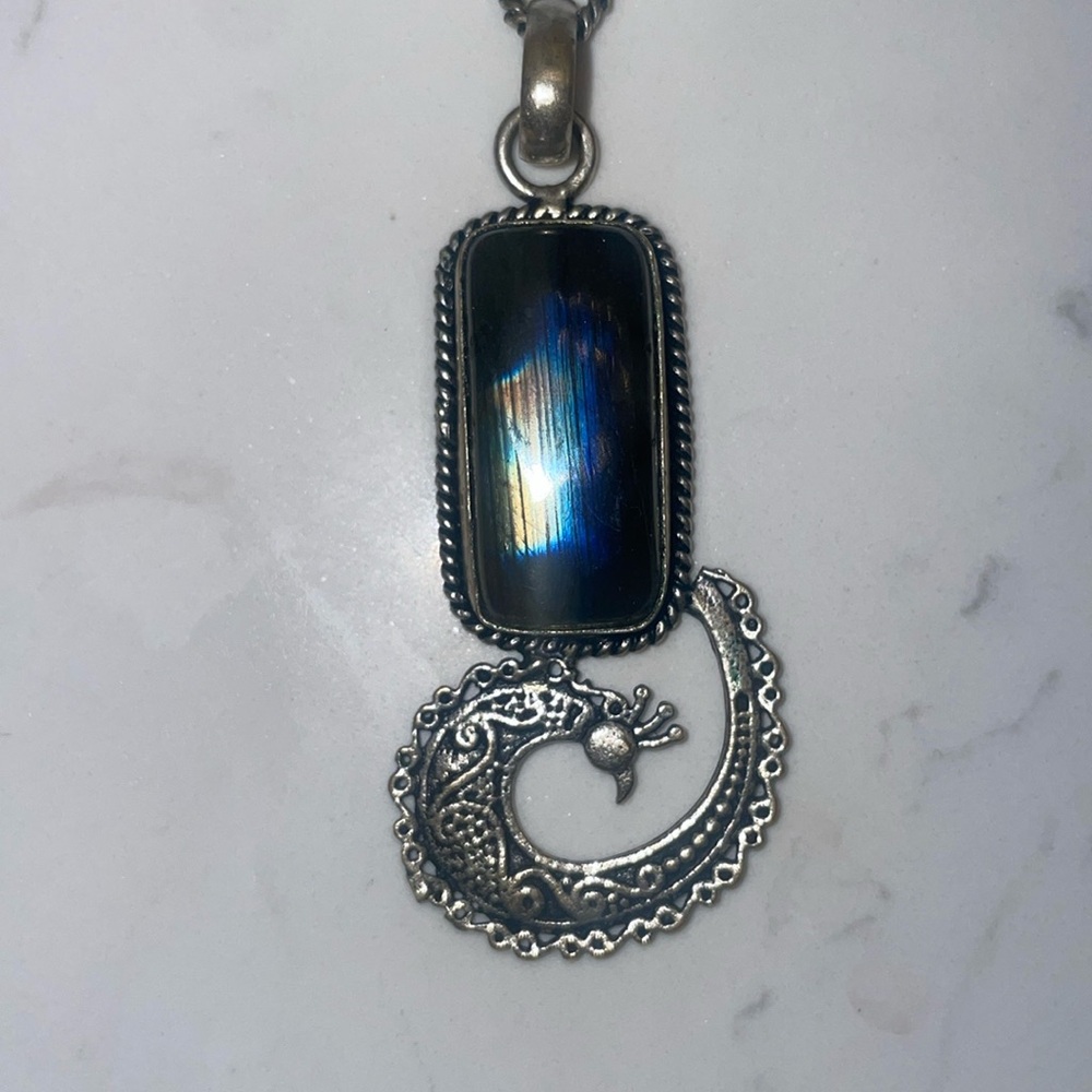 Antique Style Labradorite Peacock Silver Pendant